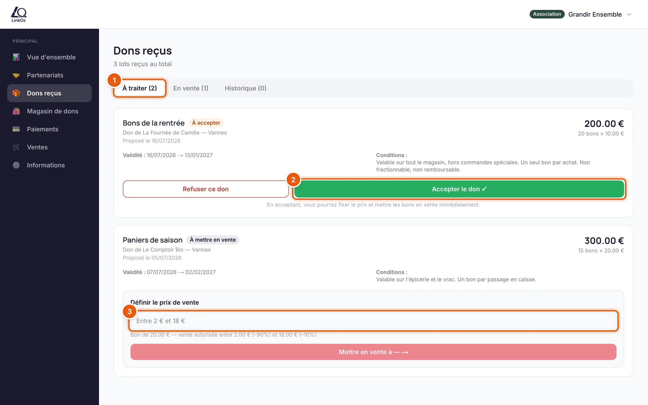 Page Dons reçus