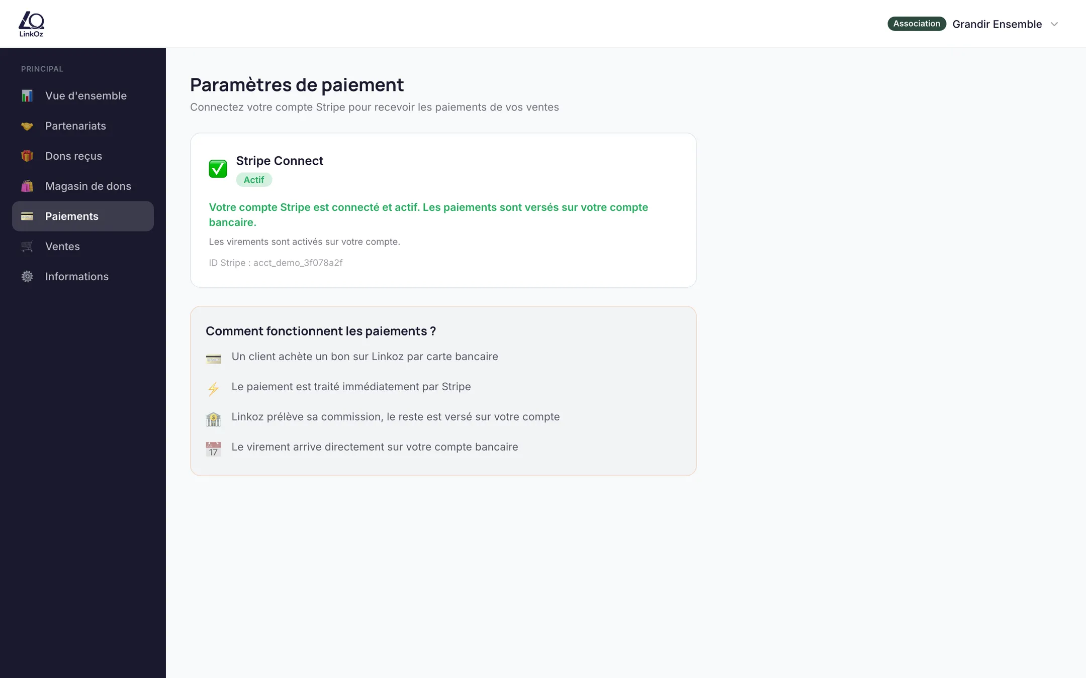 Paramètres de paiement, Stripe connecté
