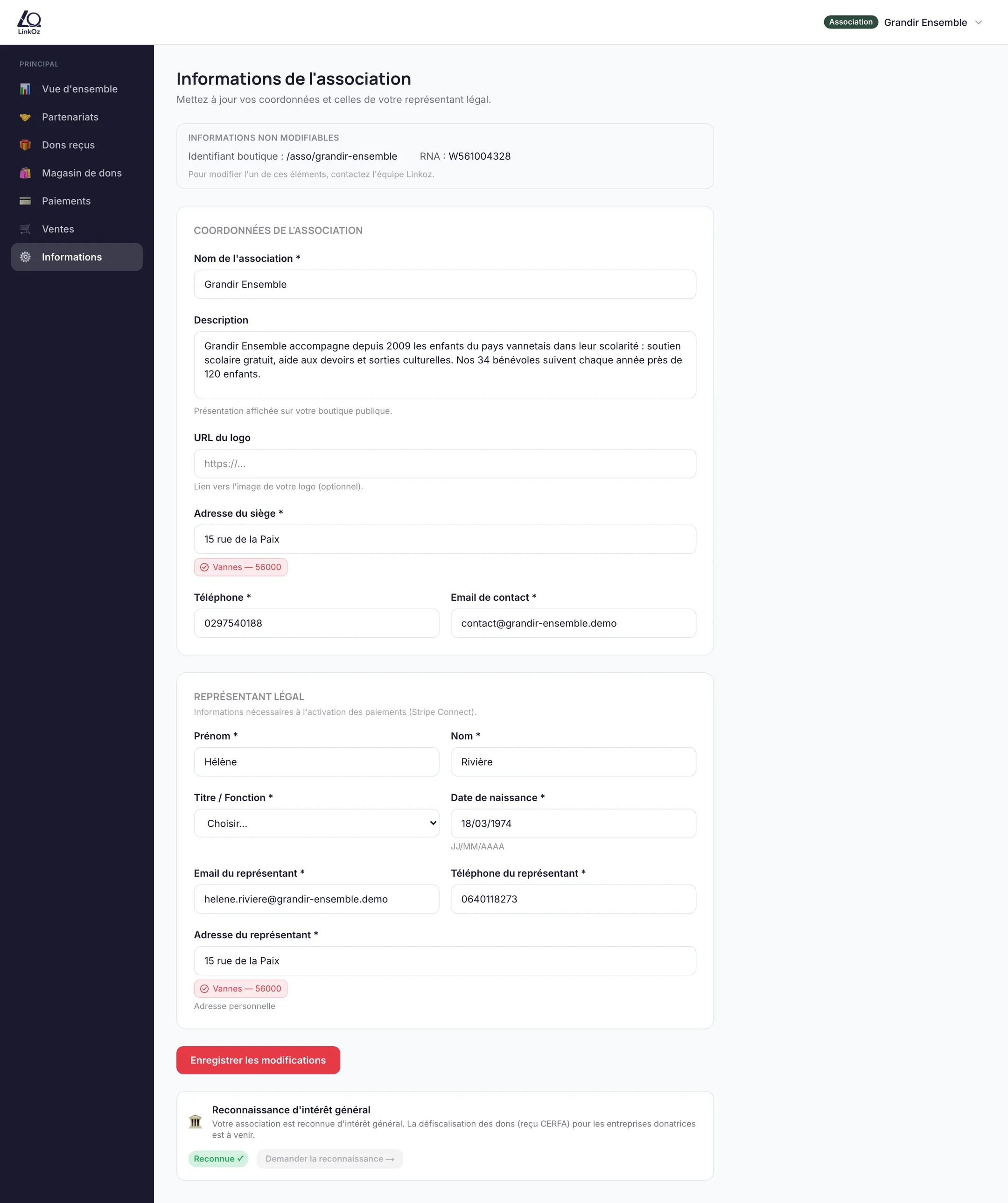 Page Informations de l’association