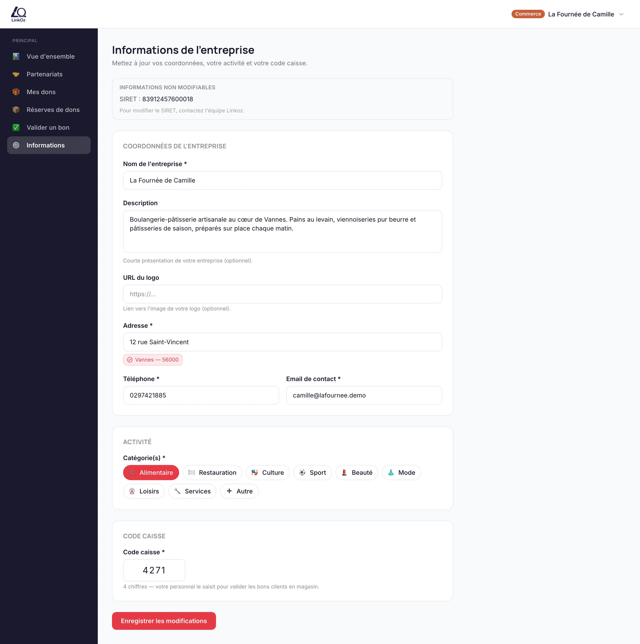 Page Informations du commerce