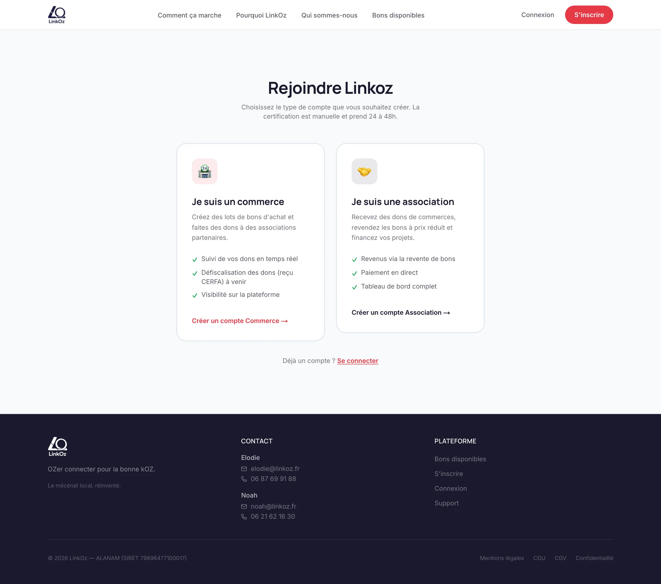 Choix du type de compte à l’inscription